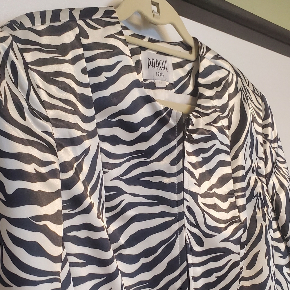Vintage Parche Pairs Zebra Satin Zipper Blazer Jacket Size 14 Made in the USA - Picture 5 of 11